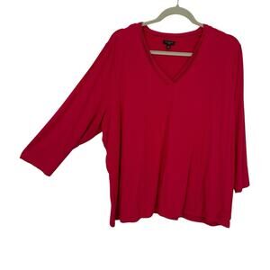 Talbots Woman 3X V Neck Top Solid Pink Stretch Knit 3/4 Sleeve Pullover